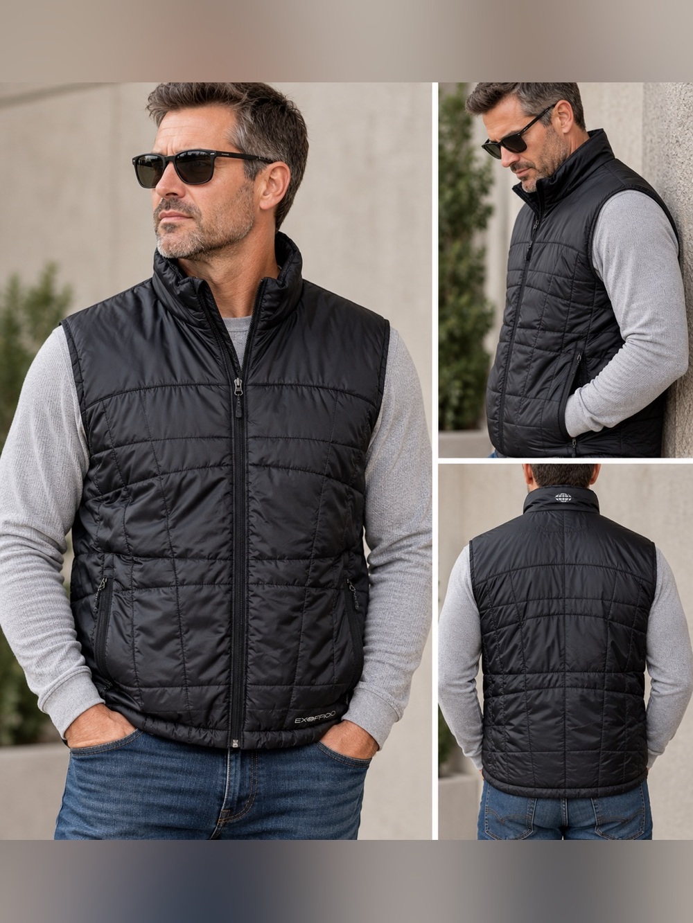 ExOfficio Men’s Large Black Primaloft Quilted Travel Vest Full Zip Outdoor